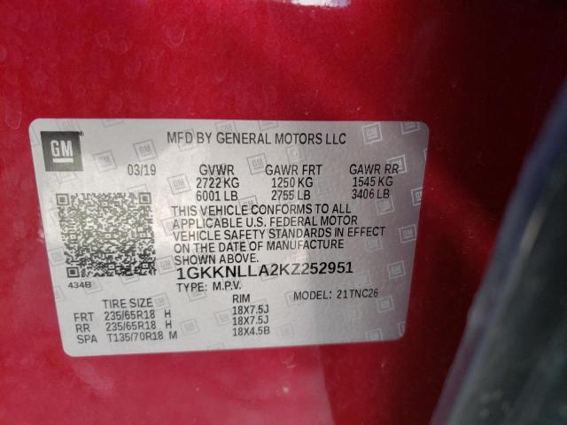 1GKKNLLA2KZ252951 - 2019 GMC ACADIA SLE RED photo 14