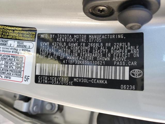4T1BF32K65U110621 - 2005 TOYOTA CAMRY LE SILVER photo 12