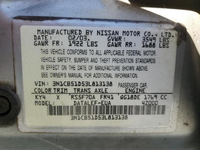 3N1CB51D53L813138 - 2003 NISSAN SENTRA XE SILVER photo 12