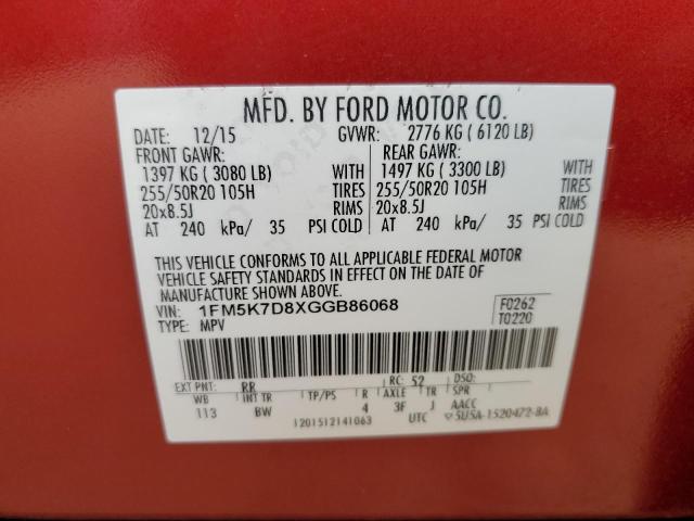 1FM5K7D8XGGB86068 - 2016 FORD EXPLORER XLT RED photo 14