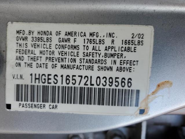 1HGES16572L039566 - 2002 HONDA CIVIC LX SILVER photo 13