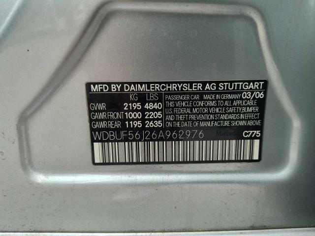 WDBUF56J26A962976 - 2006 MERCEDES-BENZ E 350 SILVER photo 10