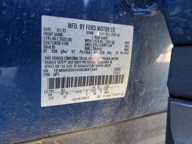 1FMSK8DHXNGB81345 - 2022 FORD EXPLORER XLT BLUE photo 13