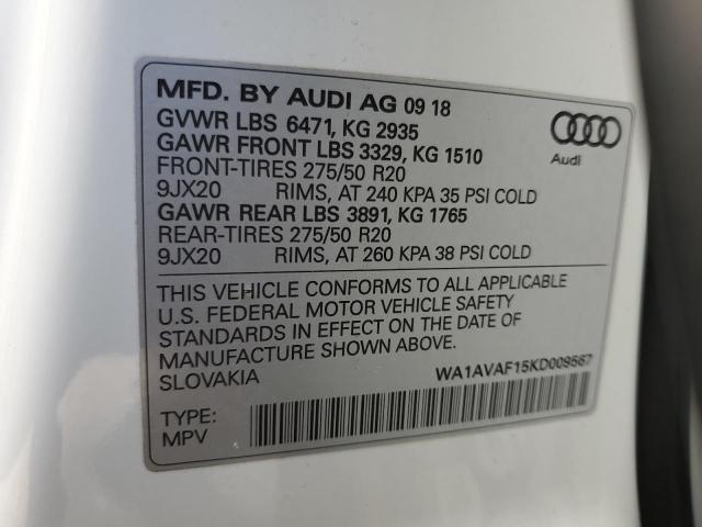 WA1AVAF15KD009567 - 2019 AUDI Q8 PREMIUM WHITE photo 13