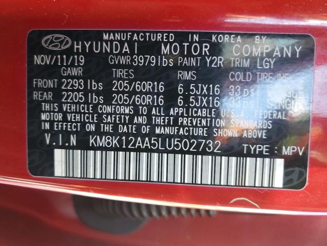 KM8K12AA5LU502732 - 2020 HYUNDAI KONA SE RED photo 12