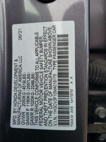 1HGCV3F10MA018175 - 2021 HONDA ACCORD HYBRID GRAY photo 12