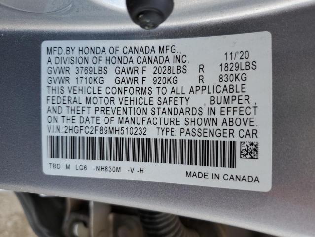 2HGFC2F89MH510232 - 2021 HONDA CIVIC SPORT SILVER photo 12