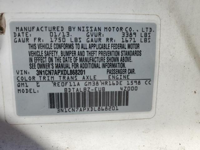 3N1CN7APXDL868201 - 2013 NISSAN VERSA S WHITE photo 12