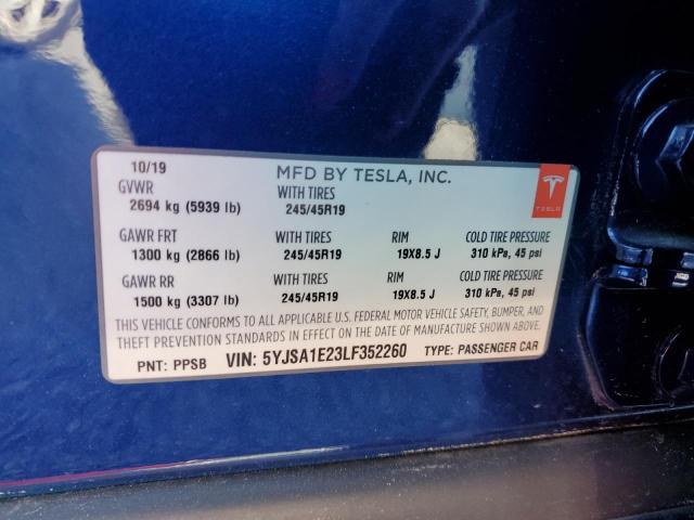 5YJSA1E23LF352260 - 2020 TESLA MODEL S Կապույտ լուսանկար 12