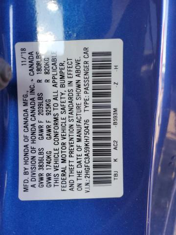 2HGFC3A59KH750476 - 2019 HONDA CIVIC SI BLUE photo 14