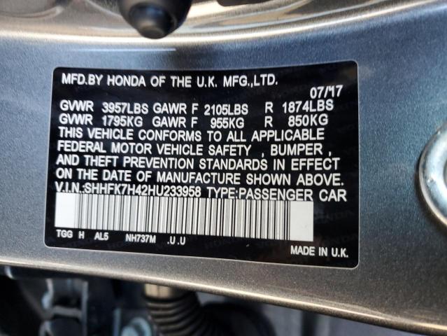 SHHFK7H42HU233958 - 2017 HONDA CIVIC SPORT 灰色 照片 12