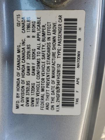 2HGFB2F94FH528152 - 2015 HONDA CIVIC EXL 银色 照片 12