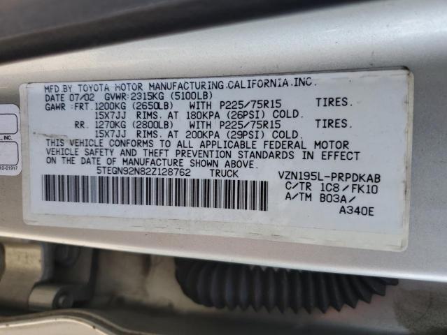 5TEGN92N82Z128762 - 2002 TOYOTA TACOMA DOUBLE CAB PRERUNNER SILVER photo 12