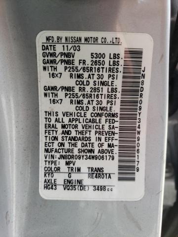 JN8DR09Y34W906179 - 2004 NISSAN PATHFINDER LE ვერცხლისფერი ფოტო 12
