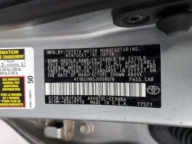 4T1B31HK5JU508076 - 2018 TOYOTA CAMRY LE SILVER photo 12