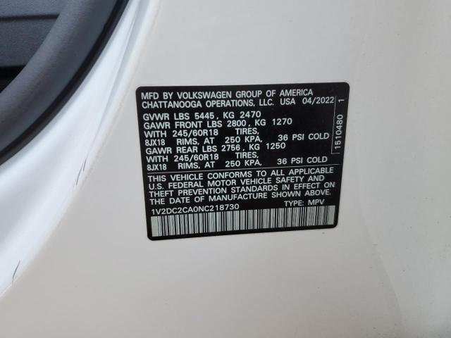 1V2DC2CA0NC218730 - 2022 VOLKSWAGEN ATLAS CROS SE Белый фото 14