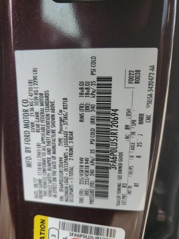 3FA6P0LU5JR120694 - 2018 FORD FUSION SE HYBRID BURGUNDY photo 12