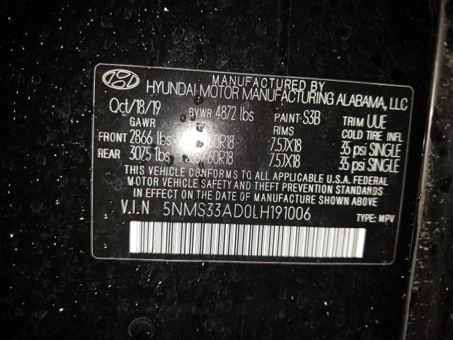 5NMS33AD0LH191006 - 2020 HYUNDAI SANTA FE SEL Սև լուսանկար 12