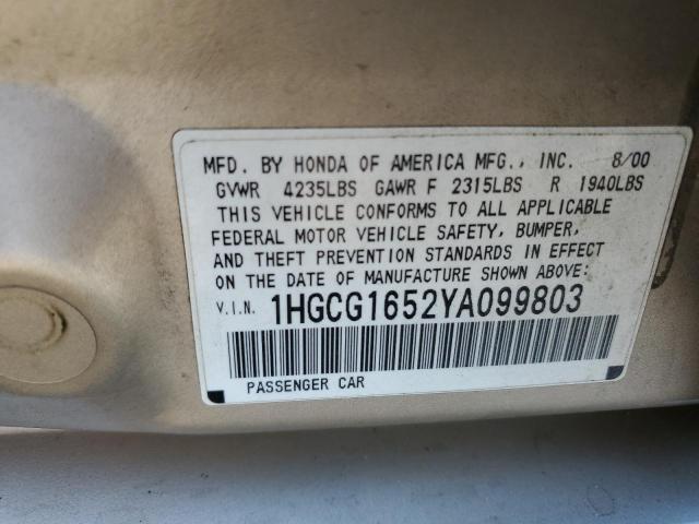 1HGCG1652YA099803 - 2000 HONDA ACCORD EX TAN photo 12