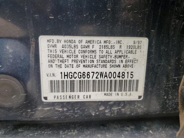 1HGCG6672WA004815 - 1998 HONDA ACCORD EX BLUE photo 12