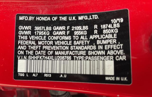SHHFK7H4XLU208766 - 2020 HONDA CIVIC SPORT RED photo 10