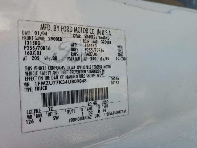 1FMZU77K34UB09848 - 2004 FORD EXPLORER S WHITE photo 12