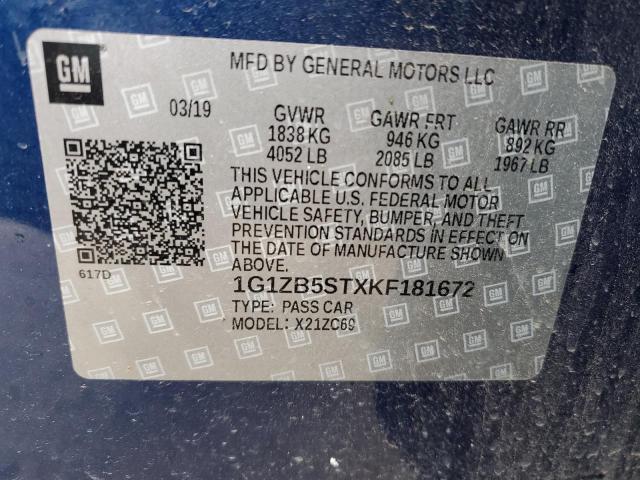 1G1ZB5STXKF181672 - 2019 CHEVROLET MALIBU LS Көк фото 12