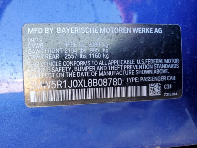 3MW5R1J0XL8B08780 - 2020 BMW 330I BLUE photo 12