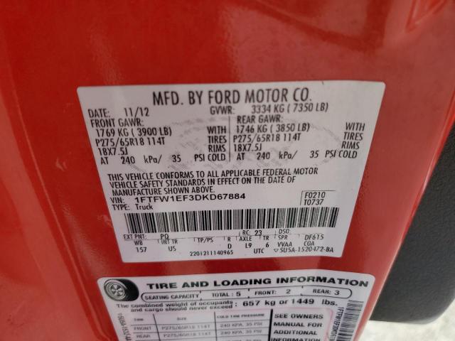 1FTFW1EF3DKD67884 - 2013 FORD F150 SUPERCREW RED photo 12