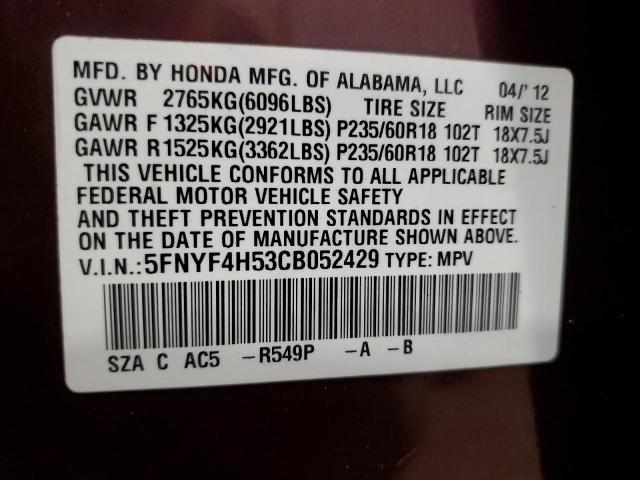 5FNYF4H53CB052429 - 2012 HONDA PILOT EXL BURGUNDY photo 14