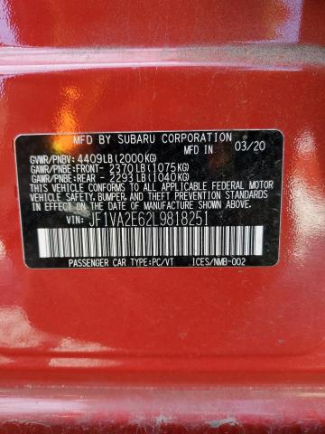 JF1VA2E62L9818251 - 2020 SUBARU WRX STI RED photo 13