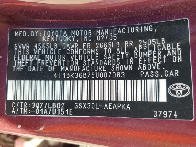 4T1BK36B75U007083 - 2005 TOYOTA AVALON XL BURGUNDY photo 13