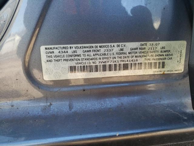 3VWEF71K17M141418 - 2007 VOLKSWAGEN JETTA WOLFSBURG ნაცრისფერი ფოტო 12