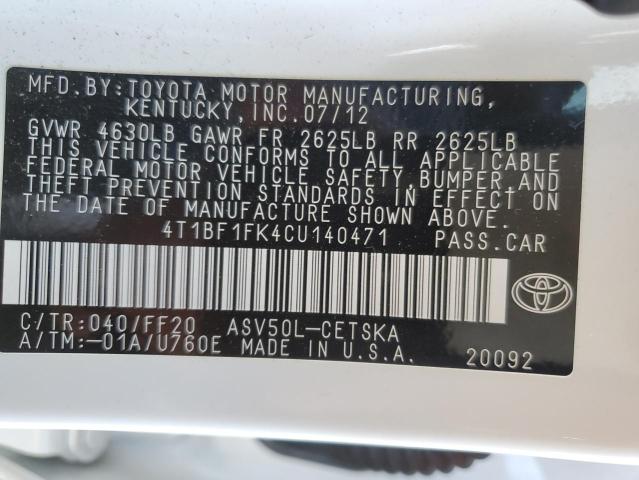 4T1BF1FK4CU140471 - 2012 TOYOTA CAMRY BASE WHITE photo 13