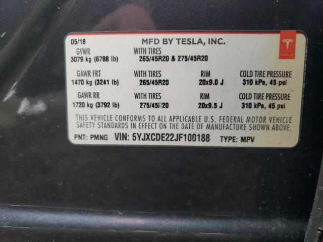 5YJXCDE22JF100188 - 2018 TESLA MODEL X GRAY photo 13