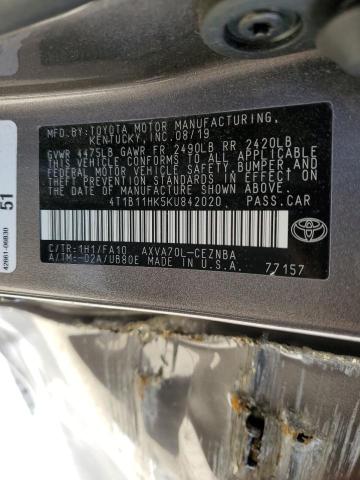 4T1B11HK5KU842020 - 2019 TOYOTA CAMRY L GRAY photo 12