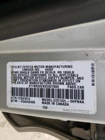 2T1KR32EX3C027886 - 2003 TOYOTA COROLLA MA XR SILVER photo 10