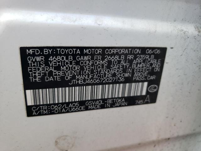 JTHBJ46G672027136 - 2007 LEXUS ES 350 WHITE photo 12