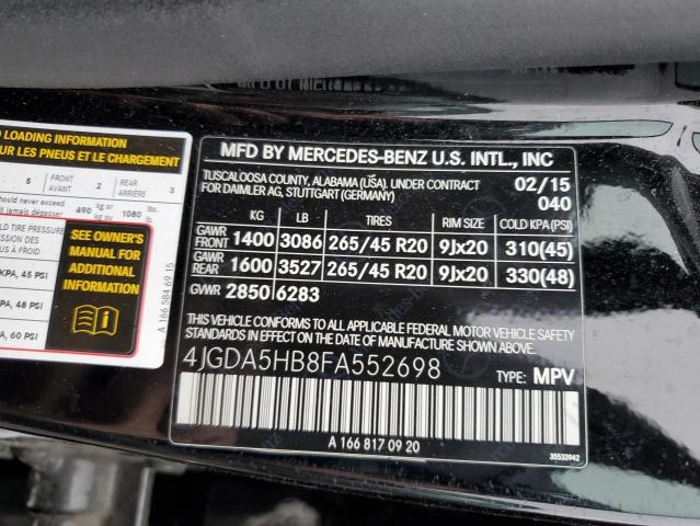 4JGDA5HB8FA552698 - 2015 MERCEDES-BENZ ML 350 4MATIC BLACK photo 12