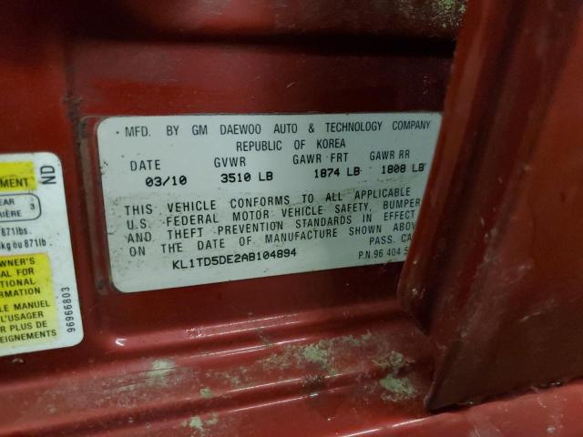 KL1TD5DE2AB104894 - 2010 CHEVROLET AVEO LS Czerwony zdjęcie 12