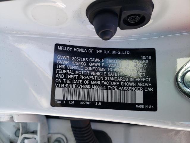 SHHFK7H45KU400854 - 2019 HONDA CIVIC SPORT 白色 照片 12