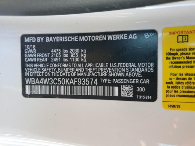 WBA4W3C50KAF93574 - 2019 BMW 430I WHITE photo 12