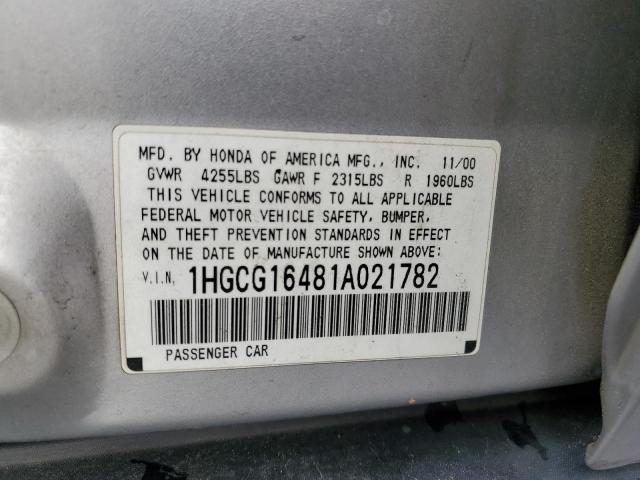 1HGCG16481A021782 - 2001 HONDA ACCORD LX SILVER photo 12