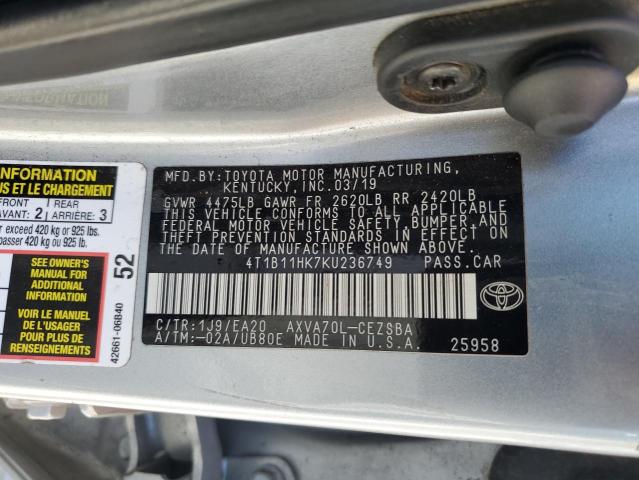 4T1B11HK7KU236749 - 2019 TOYOTA CAMRY L SILVER photo 12