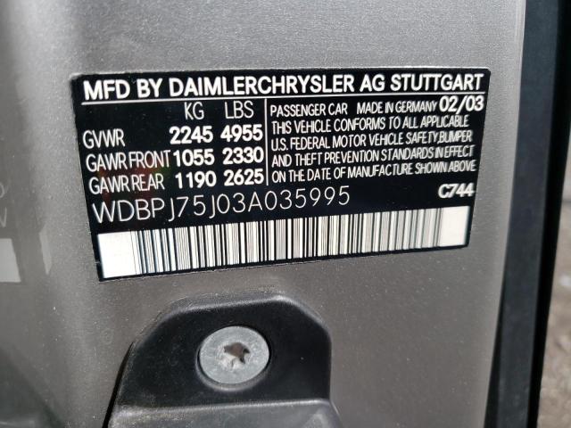 WDBPJ75J03A035995 - 2003 MERCEDES-BENZ CL 500 SILVER photo 12