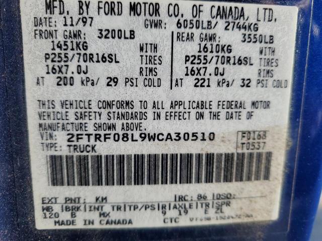 2FTRF08L9WCA30510 - 1998 FORD F150 BLUE photo 12