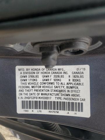 2HGFC2F61KH530017 - 2019 HONDA CIVIC LX GRAY photo 12