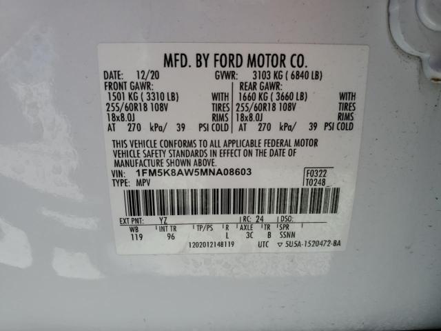 1FM5K8AW5MNA08603 - 2021 FORD EXPLORER POLICE INTERCEPTOR أبيض صورة 14