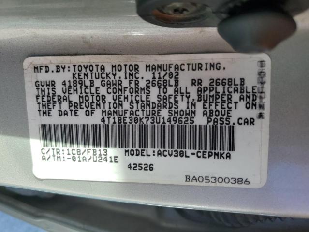 4T1BE30K73U149625 - 2003 TOYOTA CAMRY LE SILVER photo 12