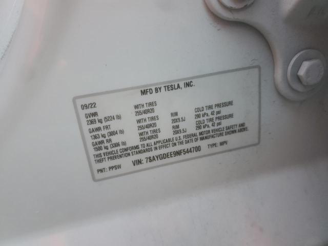 7SAYGDEE9NF544700 - 2022 TESLA MODEL Y WHITE photo 14